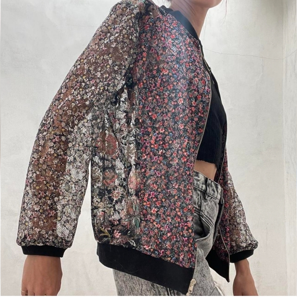 Zara Woman Full Zipper Sheer Lace Floral Bomber Jacket Size XS